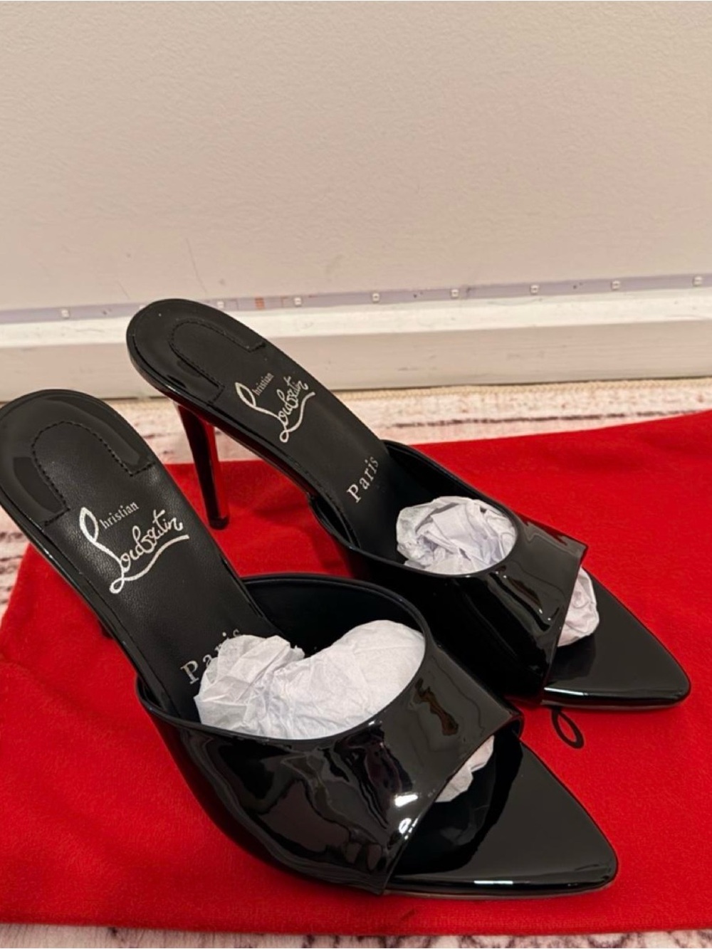 Christian Louboutin Black Patent Leather Open-Toe Slide Heels